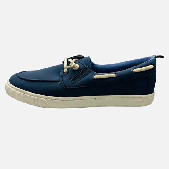 Boys Navy Boat Shoes Slip On Faux Leather Moc Toe Loafers Padded Collar Size 6 - Picture 3 of 7